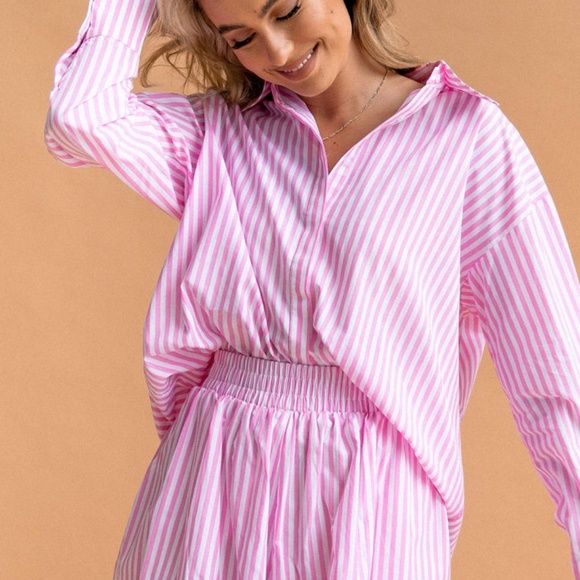 Pink Pinstripe Matching Set- Shorts and Button Up Long Sleeve Shirt - Picture 10 of 16